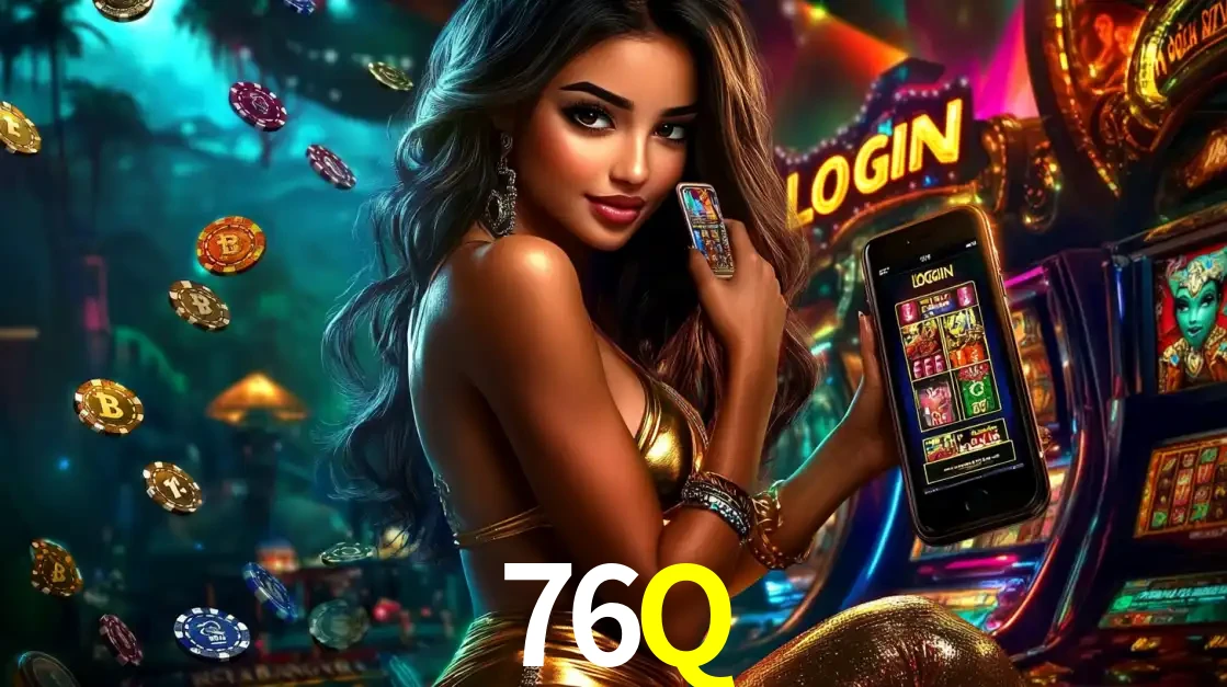 Mulher em um cenário de cassino temático de aventura, mostrando o app de caça-níqueis da 76Q no celular. Fichas de apostas flutuam ao redor.