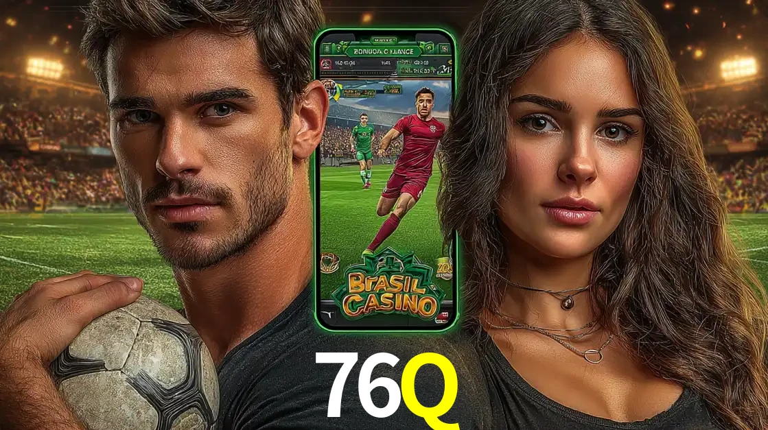 Homem segurando uma bola de futebol e uma mulher ao lado de um smartphone exibindo o jogo de apostas esportivas da 76Q. Faça seu palpite no cassino online.